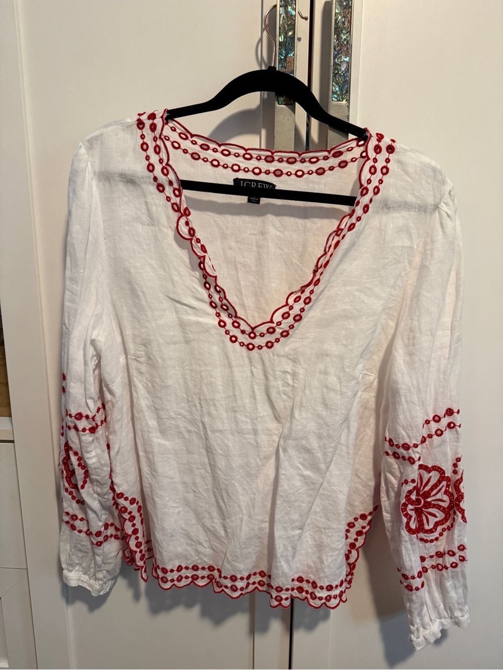 J. Crew White Linen Tunic with Red Embroidered Trim